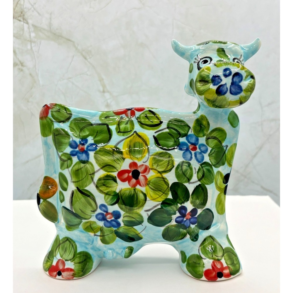 Anatoly Turov Ceramic Cow Figurine Floral Hand Painted Signed 1998 Folk‎ Art EUC